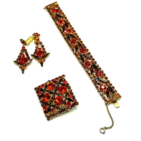 "DeLizza & Elster Juliana Autumn Fire Parure – Bracelet, Earrings & Brooch – EUC - Picture 1 of 10
